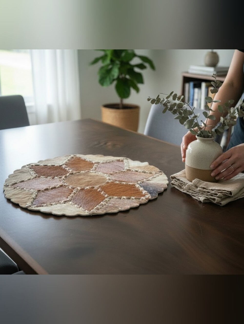 Cow Hide Geometric Patchwork Brown & Beige Table Decor 1123